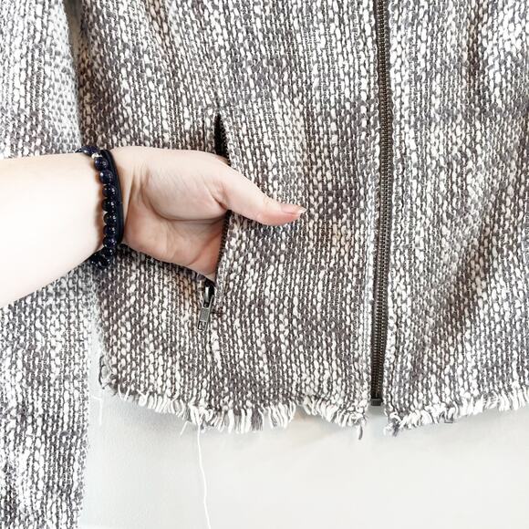 Joie Collins Long Sleeve Raw Cut Full Zip Tweed Blazer Jacket Gray/White Medium - Picture 13 of 16